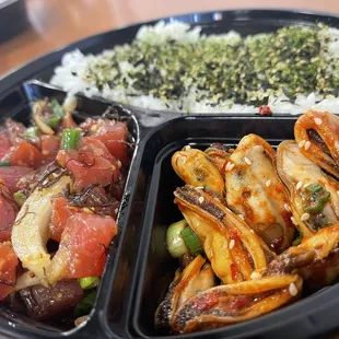 Kimchi Mussels and Limi Ahi bowl with Furikake.