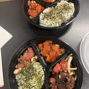Poke bowl with rice and 3 different pokes