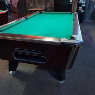 a pool table with a green cloth