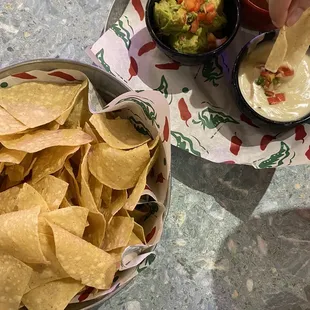 a bowl of chips and guacamole