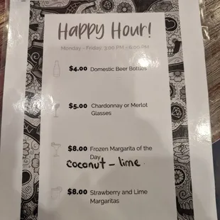 Happy hour menu as of 04/25/2023.