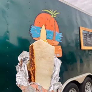 a hand holding a burrito