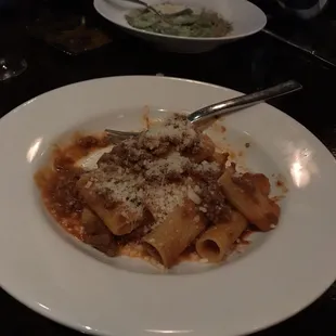 Rigatoni Bolognese (fantastic). Background dish: Short Rip Ravioli (incredible).