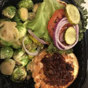 King salmon burger with Brussels sprouts
