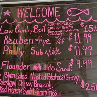 Saturday special is Low Country Boil. Lower section of sign are other regular menu choices.