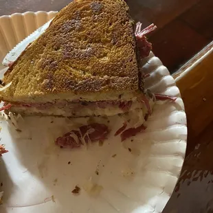 Reuben with sour kraut, Swiss cheese, brown mustard.