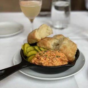 Biscuits with pimento cheese and pickles.  Decadent.