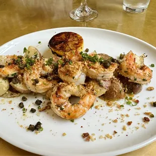 Shrimp, roasted potato, artichoke dish. Yum