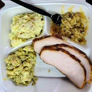 Turkey, green pea salad, potato salad, sauerkraut