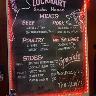 Menu on the wall