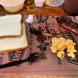 Brisket, Creamy Mac n' Cheese, Pork Spare Ribs, white bread