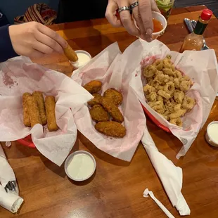 Calamari,stuffed jalapeños,and cheese sticks