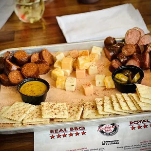 a platter of meat, cheese and crackers