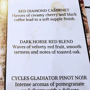 a menu for red wines
