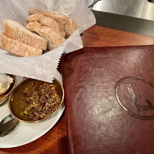 Menu, bread and olive tapenade