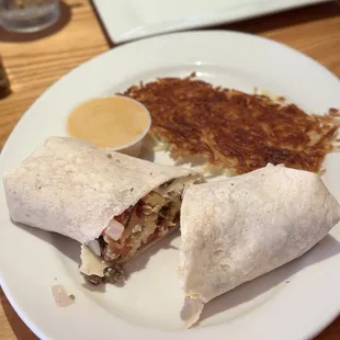 Breakfast Burrito and hashbrowns.