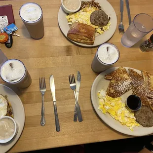 Two  Loco Moco and a French Toast on bottom right with three cloud coffees