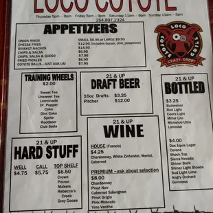 Loco Coyote Menu Front