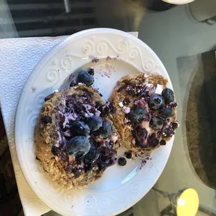 Ezeciel grain English muffin with goat cheese and fresh blueberries!! Yummy! The scone was moist and soft too!