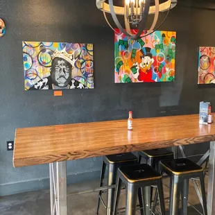 a table and stools in a restaurant