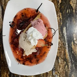 Banana Enchiladas with banana and strawberry gelato!