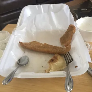 Perch &amp; pierogi combo and NE Clam Chowder; Wow! Gets "two thumbs up!" Take away is easy!