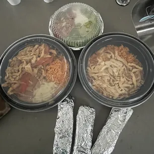 Take out lunch fajitas (left) and arroz con pollo - big portions!