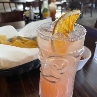 Delicious Paloma! Not too sweet, nice salt rim, love the dehydrated orange garnish, even a cute tiki-like mug