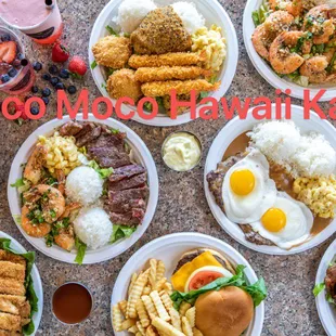 Loco Moco Plate lunch: Seafood Plater, Garlic Shrimp, Loco Moco , Steak and Shrimp , Beef Chow Fun, Cheese Burger Combo