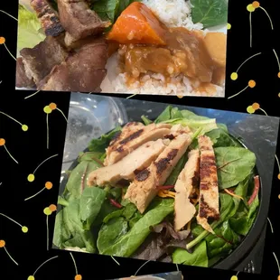 10-12-21 lunch:  grilled chicken salad and my plate with beef stew and spareribs