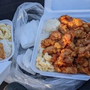 Pork katsu single, Mochiko chicken plate