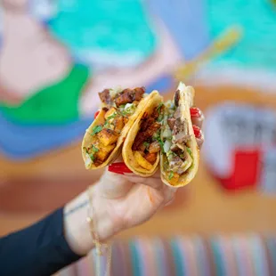 a hand holding two tacos