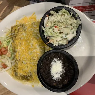 Enchiladas, beans, coleslaw