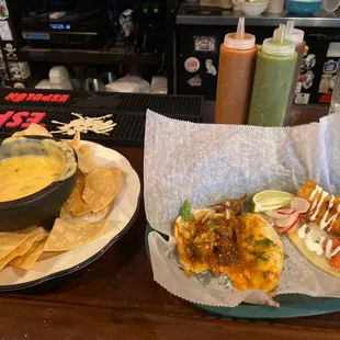 Queso, mushroom taco, pez taco
