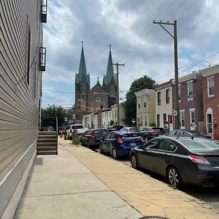 Neighborhood around with multiple restaurants and churches.