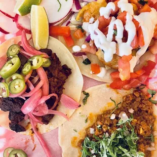 Shrimp Taco (Top right) Seitan Taco (Top middle) Soy Chorizo (Bottom right)