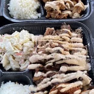 Rice, Mac salad, pork, chicken katsu, chicken teriyaki, steak, garlic chicken