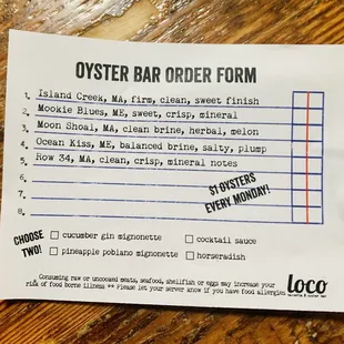 Oyster bar order form