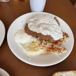 Chicken, fried steak and eggs