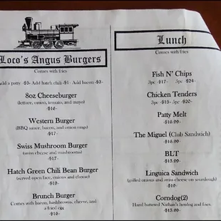 A section of the "Burgers" and the "Lunch" menu.  Loco's Motive Chew Chew BBQ menu is five pages...