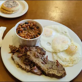 From the "Breakfast" side of the menu, a little after 06:00 in the morning, here is "Tri Tip and Eggs."  What more could you ask for?