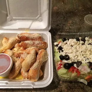 Breadstix and Greek salad