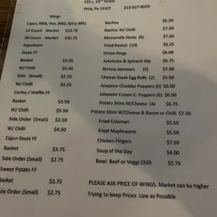 the price of the menu