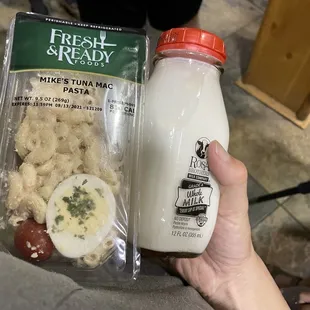 Tuna Mac salad and whole milk from the market