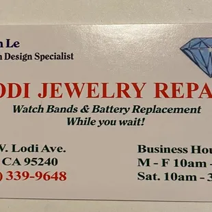 Lodi Jewelry Repair business card