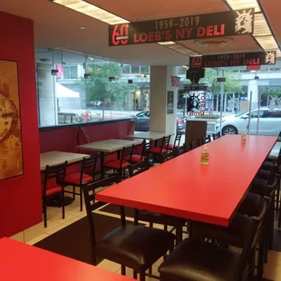 a red table and chairs