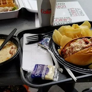 Here is the lobster roll and crab soup. YUM!