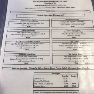 Lunch menu side 1