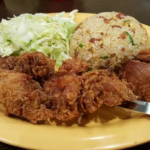 Island Style Fried Chicken, Bacon Fried Rice, and Cabbage Salad