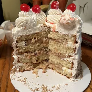 The inside of a white German chocolate cake